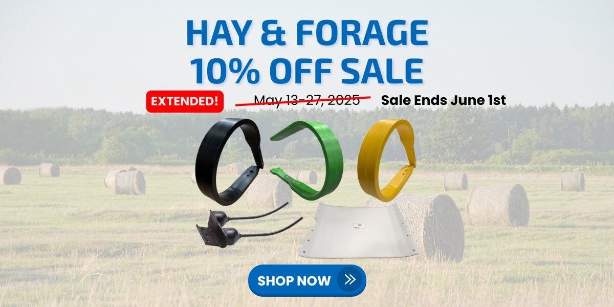 Images of poly pickup bands, baler teeth and merger skid shoes over a background image of hay bales in a field. Text says Hay & Forage 10% Off Sale Extended, Sale Ends June 1st. Blue Shop Now button.