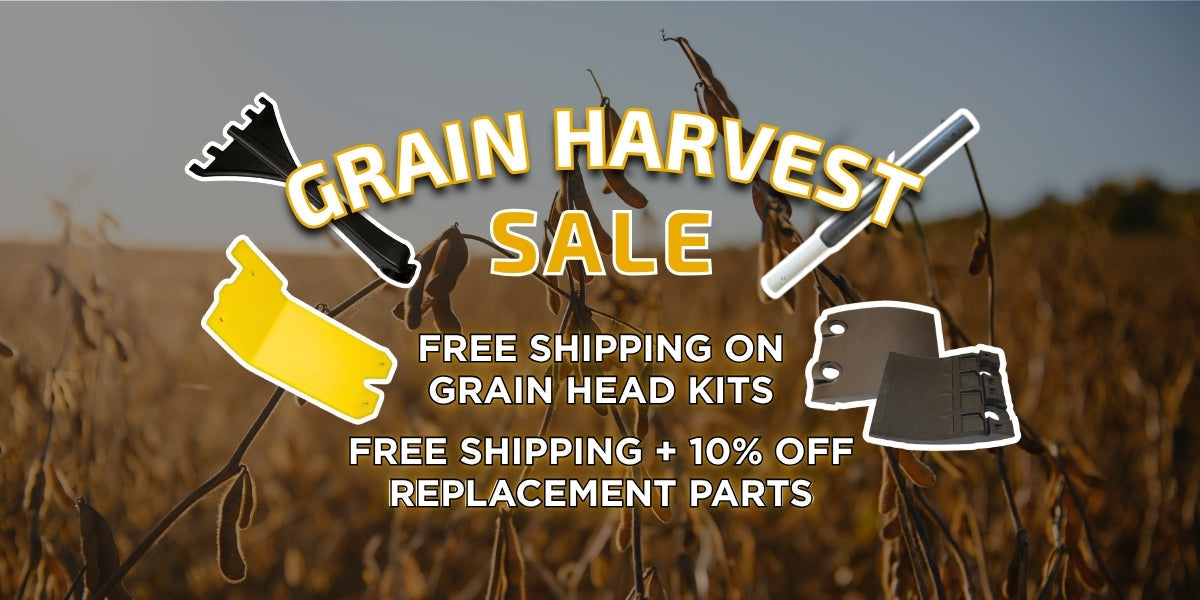 Background: soybean field ready for harvest. Foreground text reads: Grain Harvest Sale Free Shipping on Grain Head Kits Free Shipping + 10% Off Replacement Parts. Images of skid shoes, 5-finger quick tine and poly retractable finger.