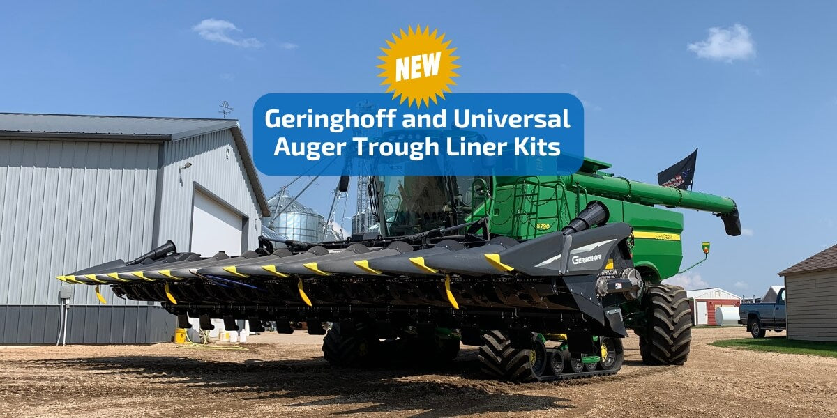 Image of Geringhoff corn head on a John Deere combine. Text says NEW Geringhoff and Universal Auger Trough Liner Kits.