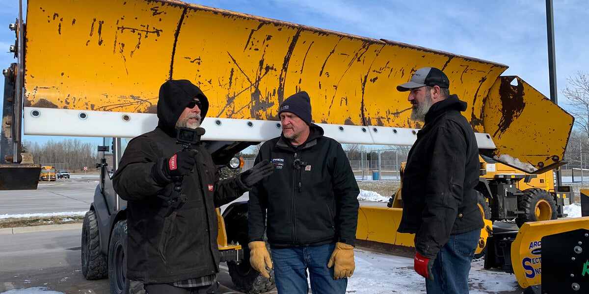 Poly cutting edge on Arctic LD Sectional Snow Pusher with Stanley the Dirt Monkey, Eric Bates and Matt Schmidt from May Wes