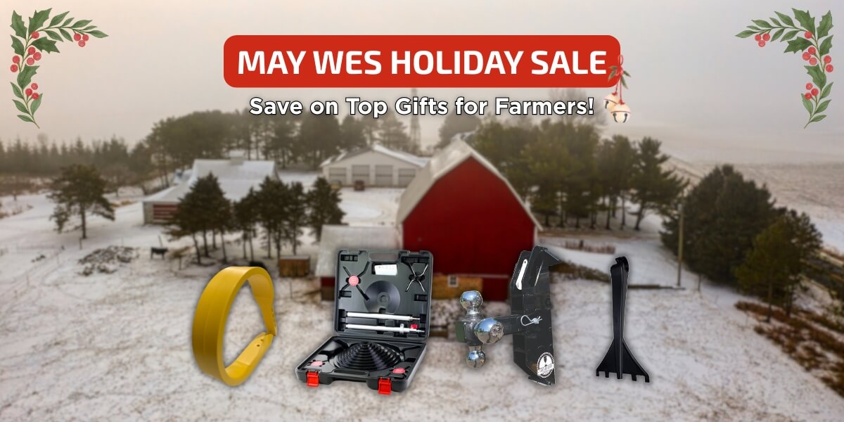 Background: red barn and snowy farmyard. Foreground: May Wes Holiday Sale. Images of May Wes products.