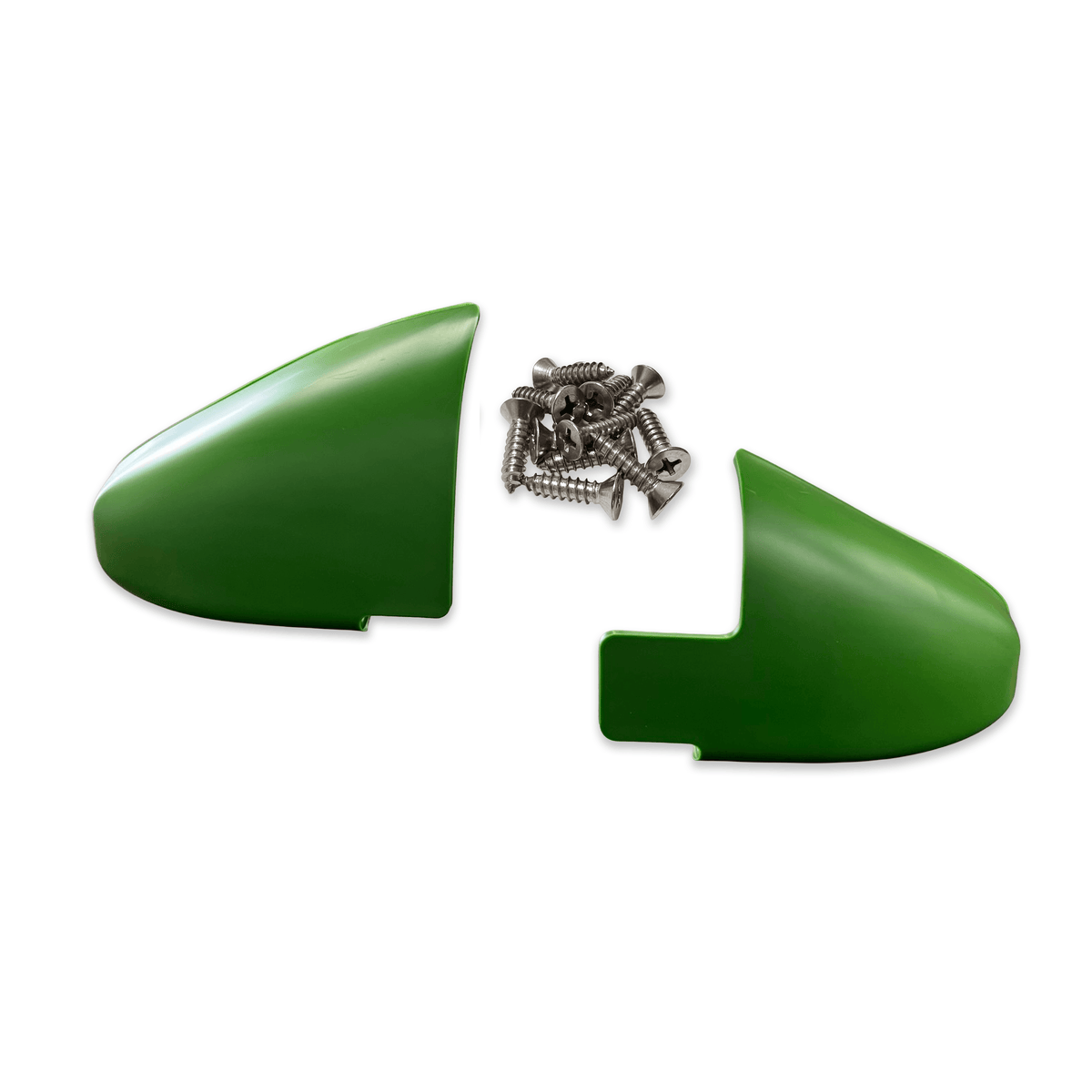 Two green molded poly corn wear patches with self tapping screws for John Deere