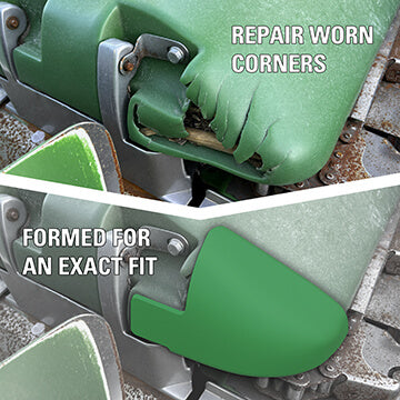 Green poly corner wear patch installed on John Deere OEM corn snout - shows how the patch repairs worn corners