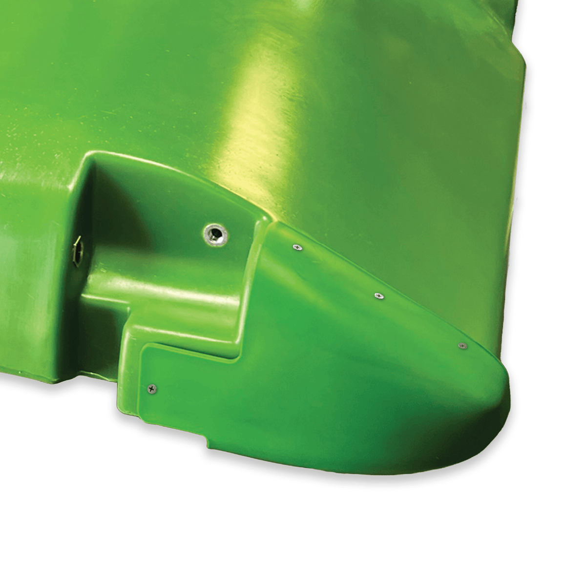 Green poly corner wear patch installed on John Deere OEM corn snout